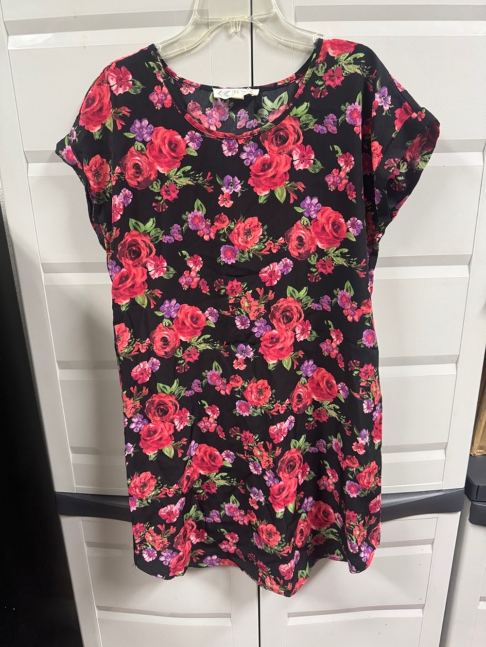 Pink Rose Black Floral Midi Dress with Red and Purple Blooms